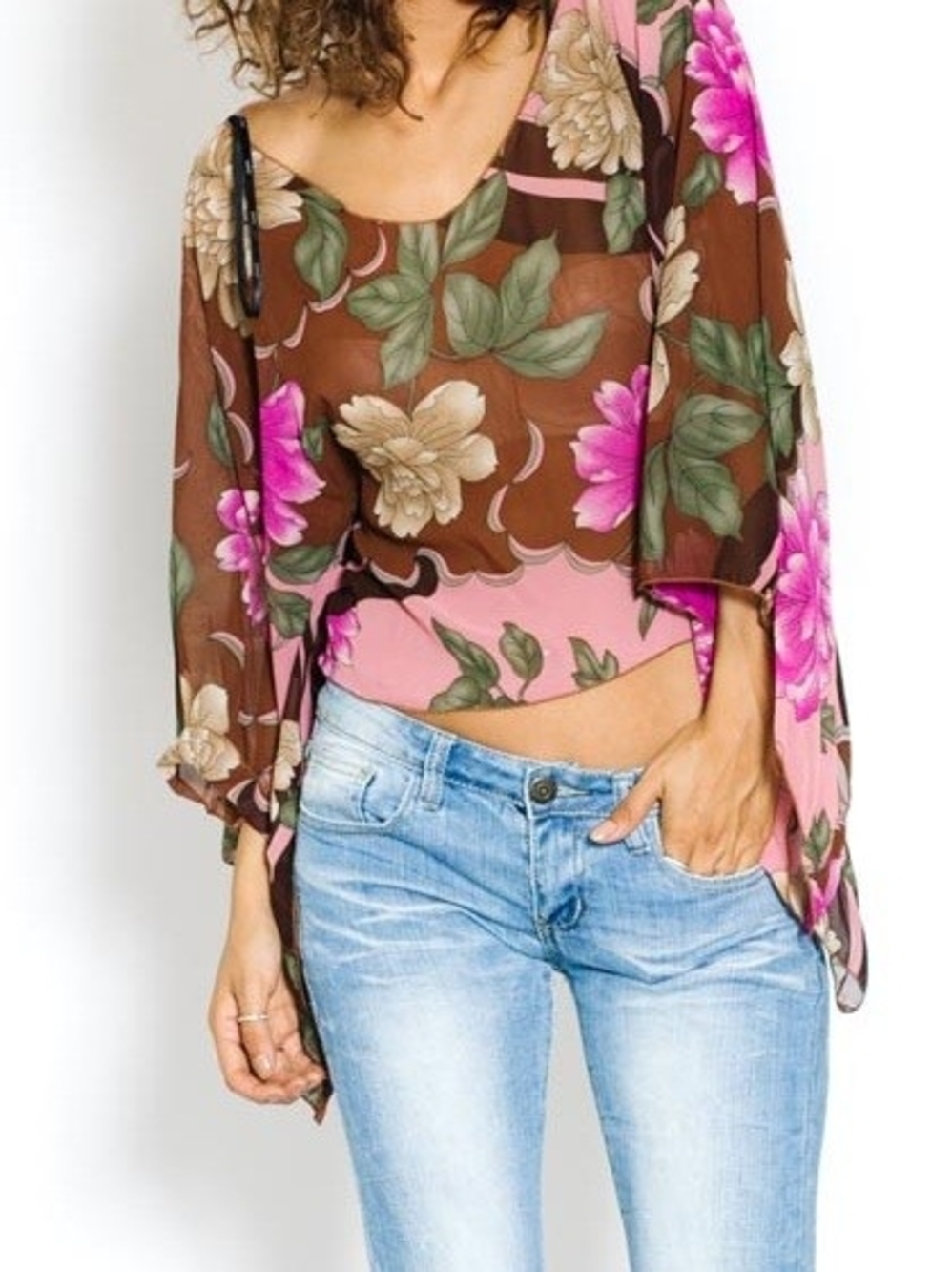 Sheer Floral Off-Shoulder Blouse in Brown & Pink